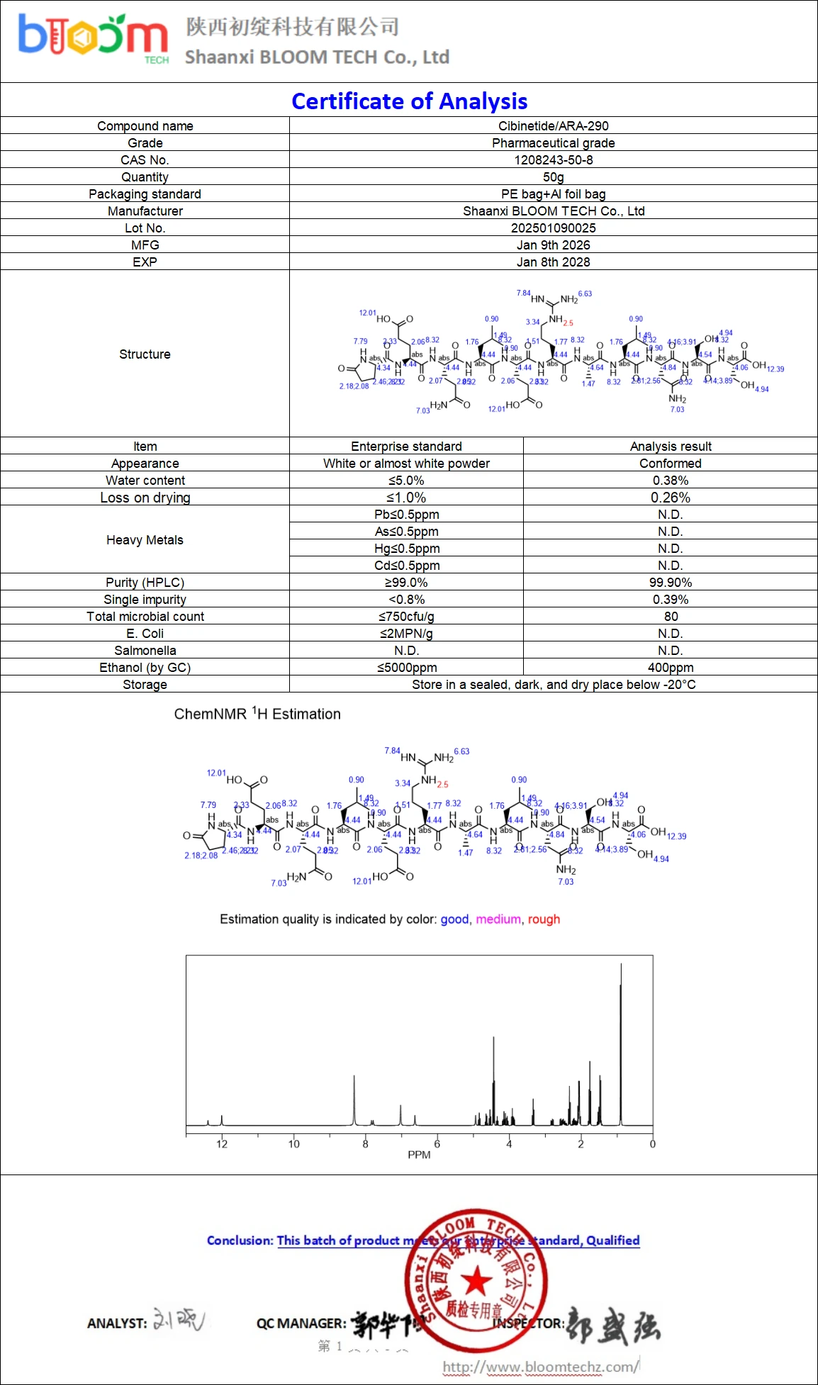ARA-290 10mg COA | Shaanxi BLOOM Tech Co., Ltd ARA-290 10mg COA | Shaanxi BLOOM Tech Co., Ltd